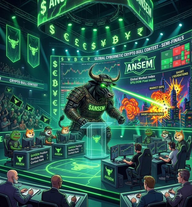 A vibrant digital illustration of a 'Global Cybernetic Crypto Bull Contest - Semi-Finals' featuring a robotic bull wearing a jersey labeled 'SANSEM', surrounded by meme characters, traders, and currency symbols.