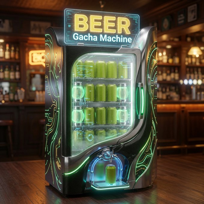 A futuristic 'BEER Gacha Machine' rendered in sci-fi style with glowing neon green circuit board patterns, displaying various green beer cans and bottles behind a transparent panel in what appears to be a bar setting.