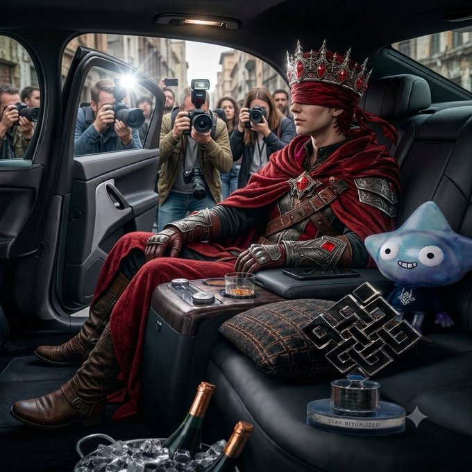 A blindfolded figure wearing a red crown and cape sitting in a car surrounded by paparazzi, with a blue cat figure and various accessories nearby.