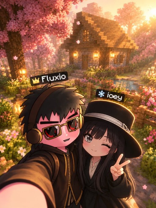An anime-style illustration shows two characters taking a selfie in front of a Minecraft-style house surrounded by cherry blossom trees. The characters are labeled 'Fluxio' (a boy with sunglasses) and 'icey' (a girl with a black hat making a peace sign).