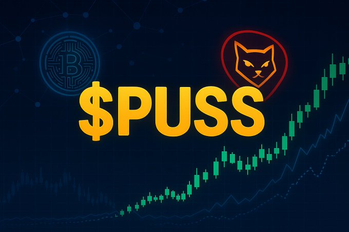 The image features a graphic design with a blue background, featuring two logos - one for Bitcoin and another for $PUSS. The Bitcoin logo has a white circle with a black dot inside, while the $PUSS logo displays a yellow dollar sign surrounded by a red cat's face. The text "The strongest projects aren' built overnight. They're built through consistency, engagement, and loyal communities." is written below each logo to provide context about the image.