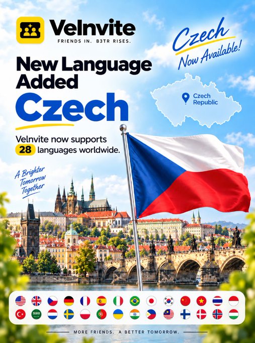 An advertisement for Velnvite announcing "New Language Added Czech" with the Czech Republic flag waving over a cityscape, noting the platform now supports 28 languages worldwide.