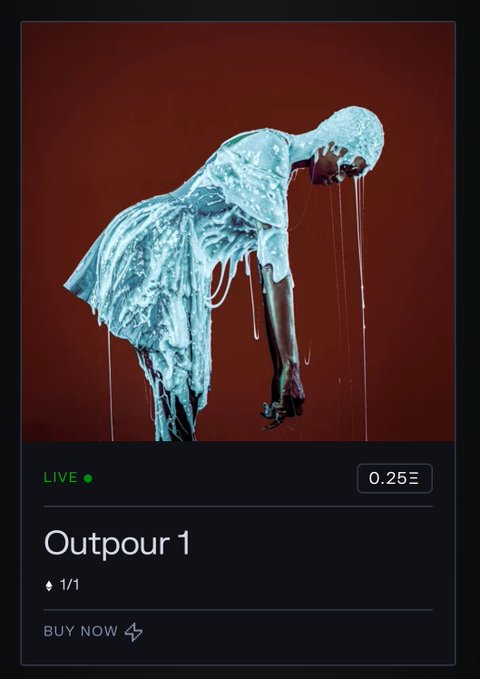 The main focus of the image is a digital poster or advertisement for an album named "Outpour 1" by a female artist. The poster features a close-up of a person wearing white clothing, possibly from a fashion photoshoot. The colors in the image are predominantly red and blue, which contrasts with the white attire of the woman. 
The post is accompanied by a button that reads "Gm Gm Buy Now", indicating that viewers can purchase the album or view more information about it directly through the streaming platform. The text indicates that this is an album on streaming platforms like Spotify, so users might be able to listen to it and watch videos related to it easily.
