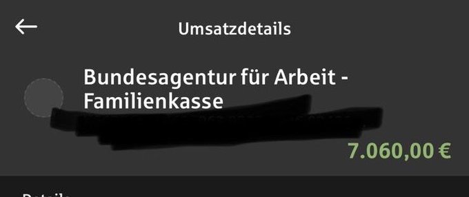 A German transaction details screen showing a payment of 7.060,00 € from 'Bundesagentur für Arbeit - Familienkasse'.