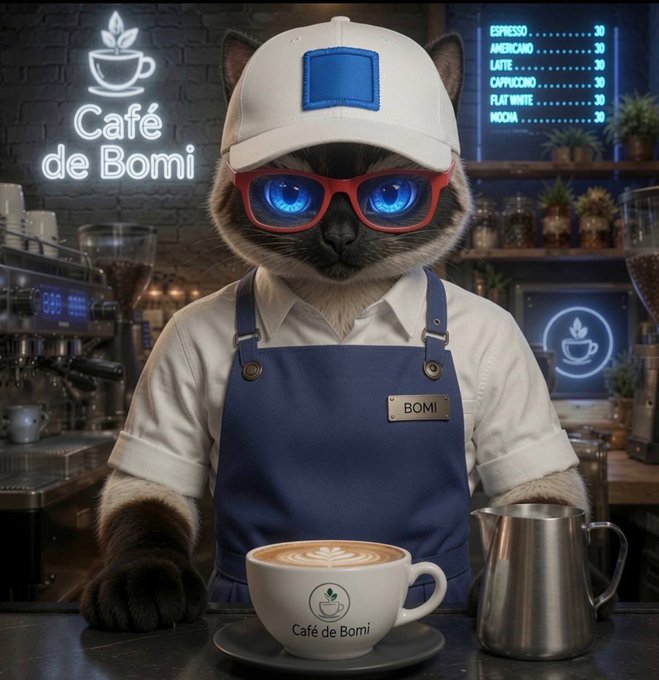 An anthropomorphic cat wearing a blue apron, red glasses, and a cap stands behind a cafe counter with a latte, with a neon 'Café de Bomi' sign and menu visible in the background.