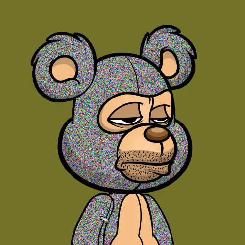 A cartoon illustration shows a tired-looking bear character wearing a sparkly, multicolored hoodie with its hood up, set against a solid olive green background.