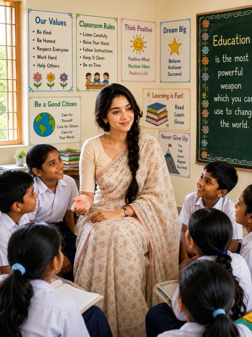 An illustration of a teacher in traditional attire sitting with students in a classroom decorated with motivational posters including 'Education is the most powerful weapon' and 'Our Values'.