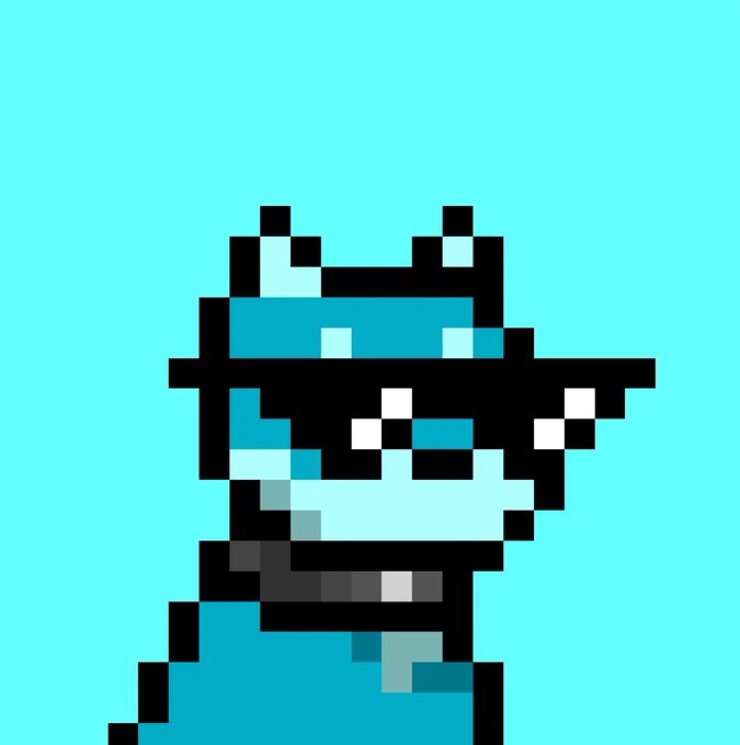 Pixel art illustration of a blue frog character wearing a cap against a solid cyan background.