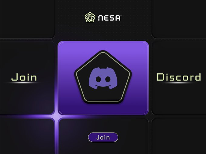 A promotional graphic featuring a purple-highlighted Discord pentagon icon centered in a 3x3 grid layout, with "NESA" branding at the top, "Join" and "Discord" labels flanking the icon, and a "Join" call-to-action button at the bottom—directly illustrating the post's invitation to join the Nesa Discord community at discord.gg/nesa.