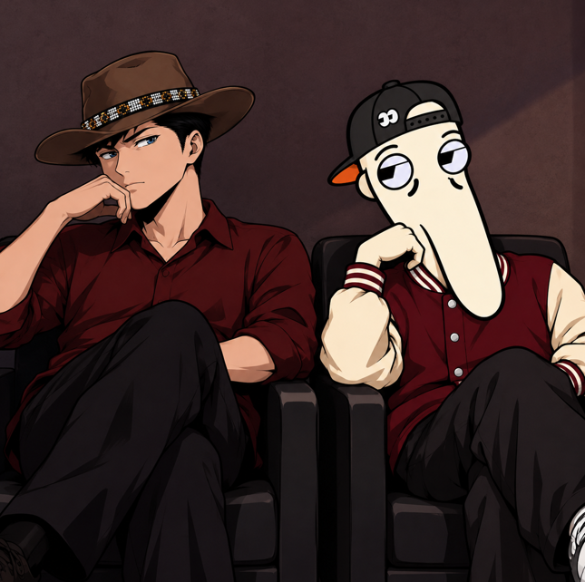 An anime-style illustration shows a man in a cowboy hat and red shirt sitting next to a character with an elongated, pale face wearing a baseball cap and varsity jacket.