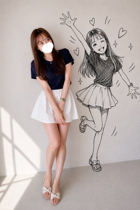 A woman in a navy top and white skirt stands shyly with her hands clasped, next to a lively sketch of herself jumping joyfully with arms raised, hearts, and sparkles — capturing the playful contrast between her real-life shyness and the confident, animated version an artist drew of her.