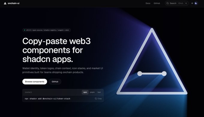 A landing page for 'onchain-ui' advertising 'Copy-paste web3 components for shadcn apps,' with install command 'npx shadcn add @onchain-ui/token-stack.'