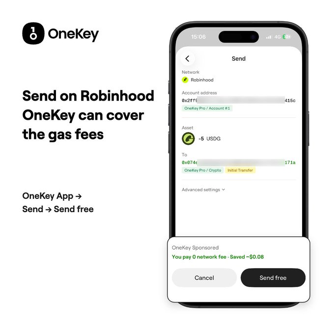 A OneKey App promotional image showing a smartphone interface for sending USDG tokens on the Robinhood Network, with a confirmation popup displaying "OneKey Sponsored - You pay 0 network fee · Saved ~$0.08" and a "Send free" button. The text highlights that OneKey covers gas fees for Robinhood Network transactions, supporting the post's announcement that gas fees are now sponsored for Robinhood Network transfers.