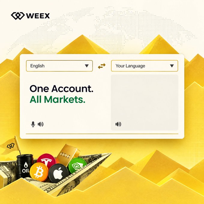 A WEEX cryptocurrency exchange advertisement with the tagline 'One Account. All Markets.' showing language translation options, with Bitcoin, Apple, and Tesla logos displayed on a golden pyramid background.