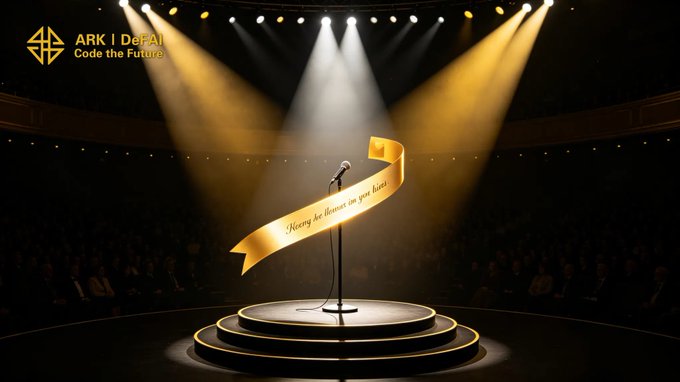 An empty stage illuminated by spotlights features a microphone with a golden banner reading "Hesoy he thesers in you lives" and the "ARK | DeFAI – Code the Future" logo, symbolizing the platform where users' voices and ideas take center stage. The post highlights how Arkie AI App empowers ARK community members to transform their thoughts into influential content through AI Agents, embodying the stage needed to be heard and drive ecosystem momentum.