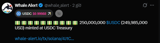 A Whale Alert tweet reports that 250,000,000 $USDC (249,985,000 USD) was minted at USDC Treasury, visible at the link whale-alert.io/tx/solana/4JJC...