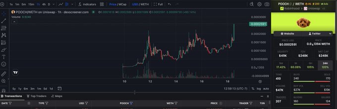 A TradingView chart of POOCH/WETH on Uniswap V3 shows a sharp upward price spike from $0.00012461 to $0.00029897, reflecting the 2.5X pump referenced in the post, with the POOCH token stats panel displaying a market cap of $0.0 and 0.0 WETH.