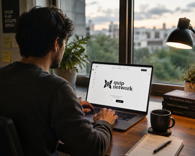 A man working on a laptop displaying the 'quip network' logo, seated at a wooden desk by a window with a city view, surrounded by a plant, coffee mug, notebook, and books including 'The Quantum World' and 'Algorithms'.