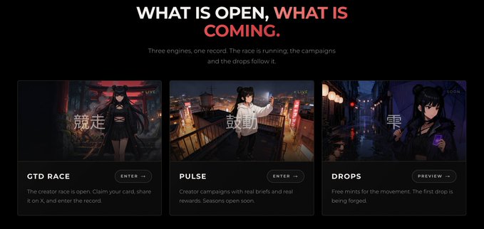 A Hazels Studio webpage titled 'WHAT IS OPEN, WHAT IS COMING' showing three sections: 'GTD RACE' (creator race with claims), 'PULSE' (creator campaigns with rewards), and 'DROPS' (free mints being forged), each featuring an anime-style character.