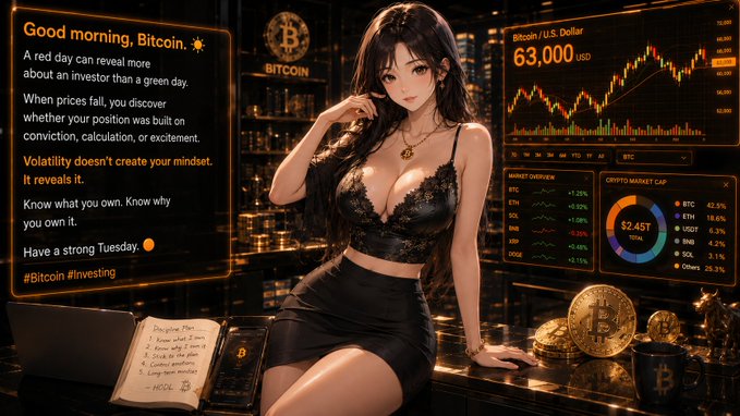 An AI-generated image of a woman in a black lace top and skirt posing in a Bitcoin-themed environment with text reading "Good morning, Bitcoin" and a chart showing "63,000 USD" for Bitcoin/U.S. Dollar, alongside various crypto market stats.