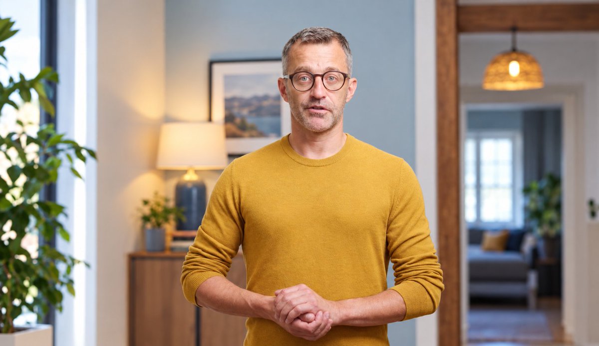 A middle-aged man with glasses and a mustache wearing a mustard yellow sweater stands in a modern home interior speaking directly to the camera.