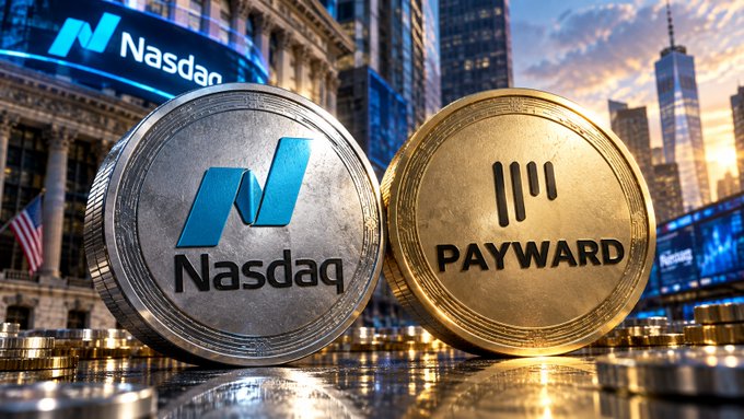 A promotional graphic featuring large Nasdaq and Payward coins against a city skyline backdrop.