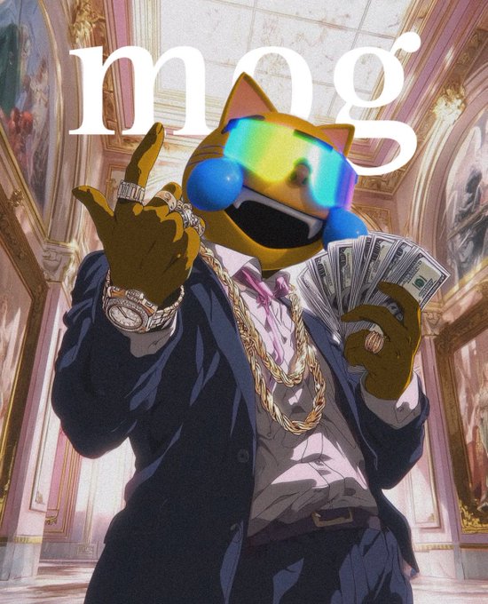An anime-style character wearing a yellow cat mask with a rainbow visor, dressed in a suit and gold chains, holding cash in an opulent gallery setting, with the text 'mog' overlaid.