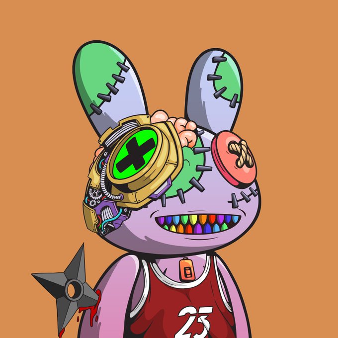 A digital illustration of a purple cartoon bunny character with stitched ears, a robotic eye, rainbow teeth, a red basketball jersey with the number 23, and a throwing star in its hand, set against an orange background.