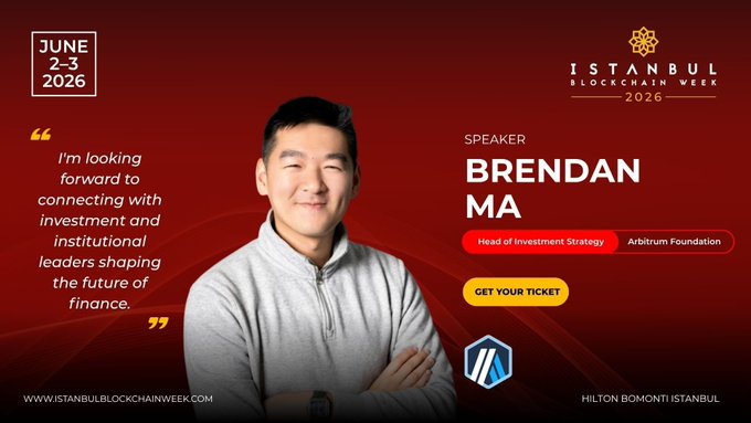 The image features a man wearing a gray sweater standing against a red background with his arms crossed. The text above him reads "June 26th Istanbul Blockchain Week" and "@itsbrendanma is hosting a workshop on how institutions think about allocating capital into the infrastructure layer powering the programmable economy."