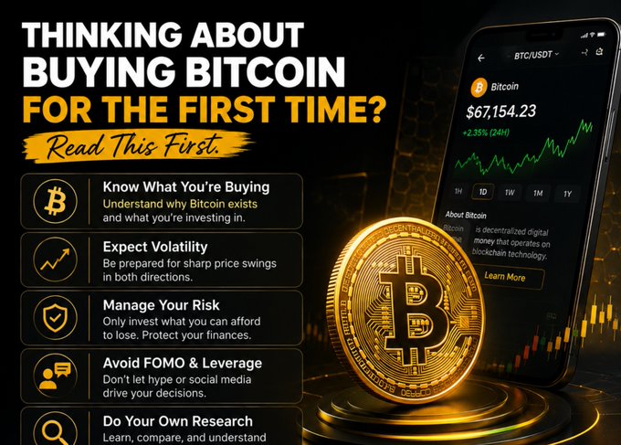 The image is a financial infographic titled "THINKING ABOUT BUYING BITCOIN FOR THE FIRST TIME? Read This First," featuring a gold Bitcoin coin beside a smartphone displaying the BTC/USDT price at $67,154.23 (+2.35% in 24H), alongside educational tips like "Know What You're Buying," "Expect Volatility," and "Manage Your Risk." It visually reinforces the post's message about preparing first-time buyers for the realities of Bitcoin investing by highlighting key principles such as understanding price volatility before making a purchase.