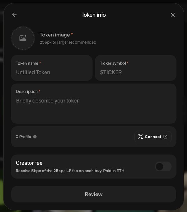 A "Token info" form modal displays fields for token name, ticker symbol, description, X Profile connection, and a creator fee toggle set to off, with a Review button at the bottom. This directly relates to the post's reminder about activating creator fees to earn 5bps of the 25bps LP fee on each trade.
