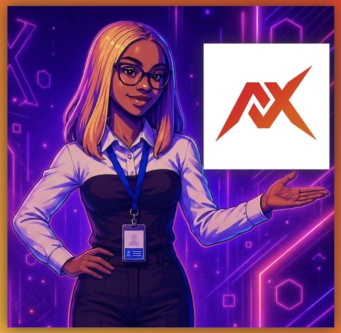 Digital illustration of a confident blonde woman with glasses and a lanyard presenting a red 'AX' logo against a purple neon background.