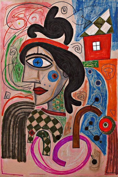 A colorful, abstract mixed-media drawing of a stylized female figure with prominent eyes, dark hair, and a patterned dress, accompanied by geometric shapes and a house.