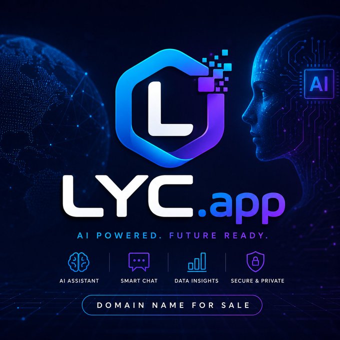 A promotional graphic for the domain LYC.app, featuring an AI logo, a digital human head, and text reading 'AI POWERED. FUTURE READY.' with features listed: 'AI ASSISTANT, SMART CHAT, DATA INSIGHTS, SECURE & PRIVATE' and 'DOMAIN NAME FOR SALE'.