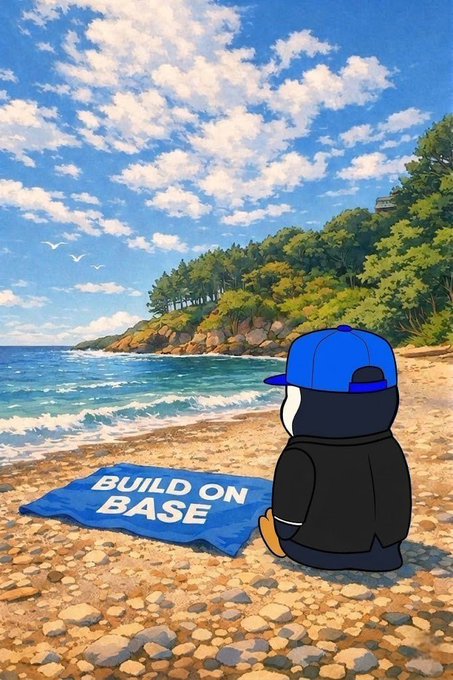 Anime-style illustration of a penguin wearing a blue baseball cap sitting on a beach next to a blue towel that reads 'BUILD ON BASE', overlooking a scenic coastline.