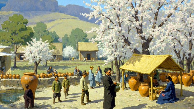 A painting depicting a rural village scene with people gathered around large terracotta pots beneath blossoming cherry trees, with thatched-roof buildings and mountains in the background.