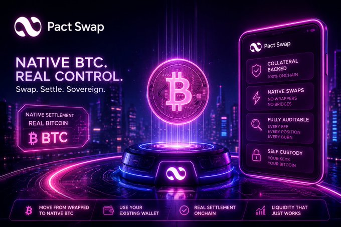 A neon-styled promotional graphic for 'Pact Swap' advertising 'NATIVE BTC. REAL CONTROL. Swap. Settle. Sovereign,' featuring a glowing pink Bitcoin hologram and a smartphone display listing features like 'COLLATERAL BACKED,' 'NATIVE SWAPS,' 'FULLY AUDITABLE,' and 'SELF CUSTODY.'