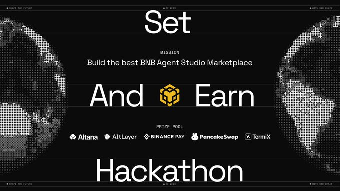 a 'BNB Agent Studio Marketplace' hackathon banner with sponsors Altana, AltLayer, Binance Pay, PancakeSwap, and TermiX