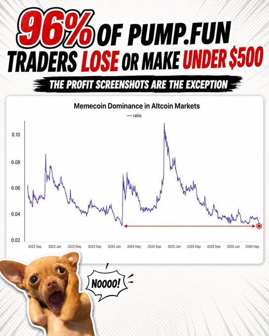 An infographic titled '96% OF PUMP.FUN TRADERS LOSE OR MAKE UNDER $500 — THE PROFIT SCREENSHOTS ARE THE EXCEPTION' features a line chart of 'Memecoin Dominance in Altcoin Markets' and a shocked chihuahua saying 'NOOOO!'.