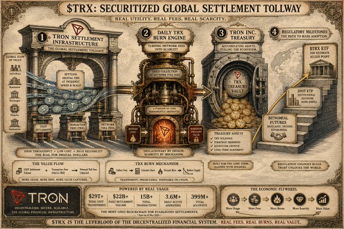 A complex infographic titled '$TRX: SECURITIZED GLOBAL SETTLEMENT TOLLWAY' detailing the TRON blockchain's economic system, showing the daily TRX burn engine, TRX Inc. treasury vault with binominal futures, and mechanisms like deflationary scarcity by design.