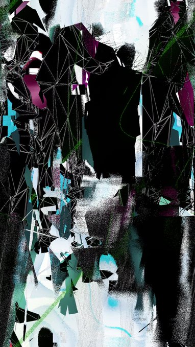 An abstract digital artwork featuring a fragmented, geometric figure composed of black, teal, purple, and white shapes with wireframe elements.