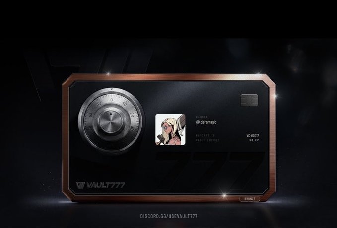 A sleek Vault777 Bronze tier card displayed against a dark background, featuring a metallic combination dial, the username "@ciaramaic," and account details showing 10 XP, promoting the Discord community at discord.gg/usevault777.