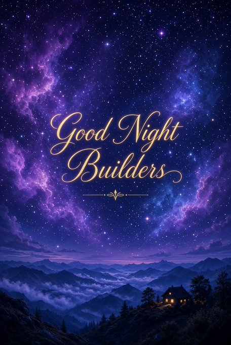Fantasy landscape with a glowing cabin on a mountain, purple nebula sky filled with stars, and elegant text reading 'Good Night Builders'.