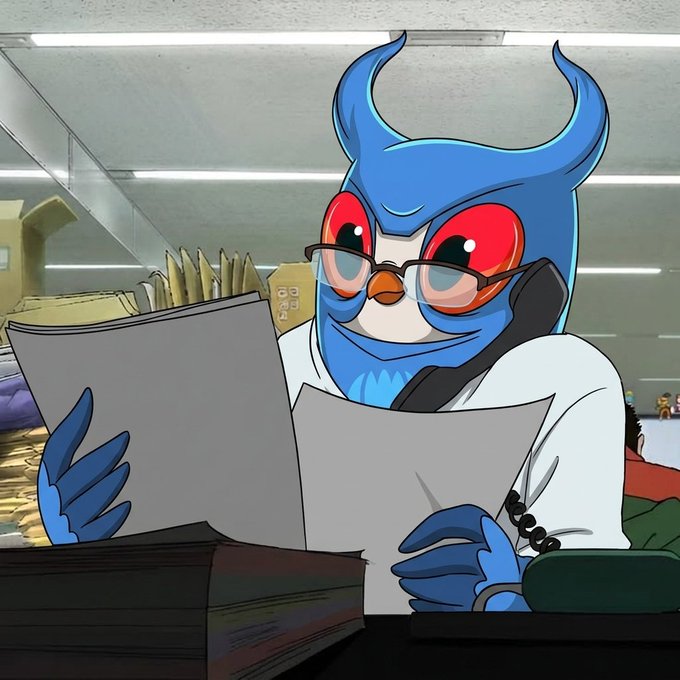 An animated blue owl character wearing red-tinted glasses sits at a desk examining papers in an office environment.