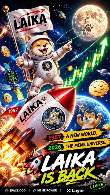 A cartoon Shiba Inu dressed as an astronaut waves a "LAIKA" flag while riding a rocket, set against a cosmic backdrop featuring the moon, planets, and "To the Moon" text. The image also displays a stock chart trending upward, golden coins with paw prints, and bold text reading "1957 A NEW WORLD," "2026 THE MEME UNIVERSE," and "LAIKA IS BACK," tying the historic first space dog to the $LAIKA meme token's projected rise.