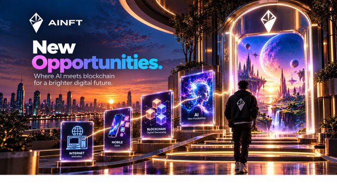 The image is a promotional graphic for AINFT, featuring the tagline "New Opportunities. Where AI meets blockchain for a brighter digital future," and showcases a futuristic scene with a person walking past illuminated panels labeled "Internet Websites," "Mobile Apps," "Blockchain Digital Ownership," and "AI New Possibilities." The visual reinforces the post's message by illustrating the progression of technological revolutions—from websites to apps, blockchain to AI—each one framed as an open door of opportunity waiting to be explored.