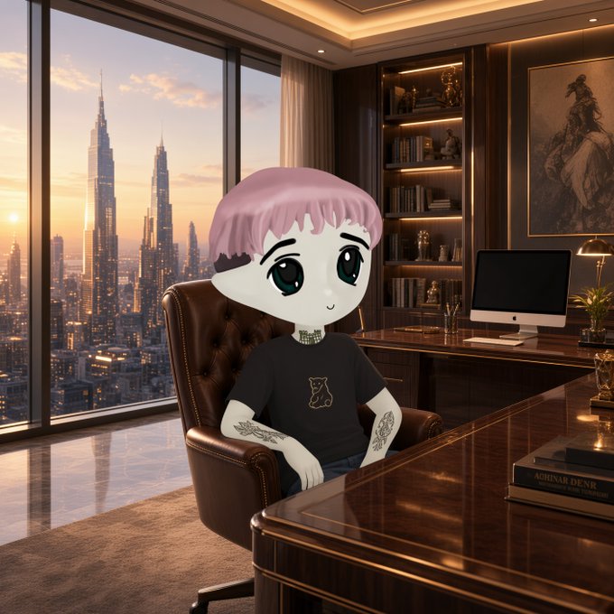 An anime-style character with pink hair and large eyes sitting in a leather chair in a luxurious office with a city skyline view, with a book labeled 'AGINAR DENR' on the desk.