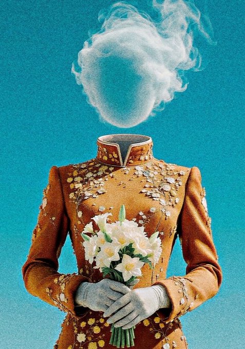 A surrealist collage showing an ornate orange jacket with floral patterns and white gloves holding a bouquet of white lilies, with a cloud of smoke forming where the head would be, against a teal background.