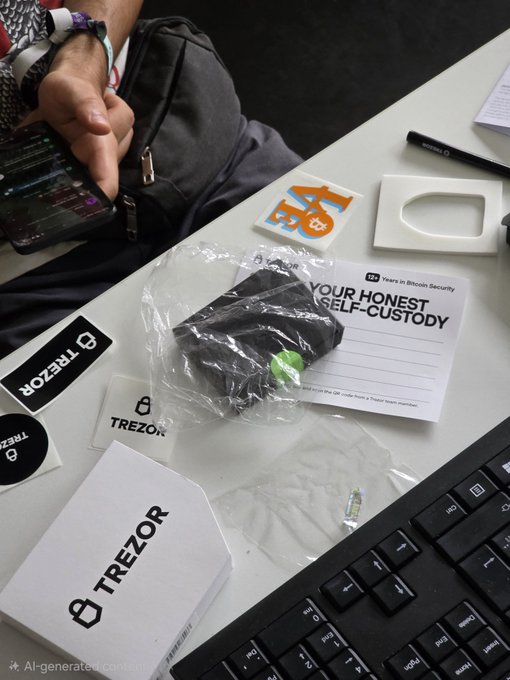 An overhead view of a desk displaying Trezor hardware cryptocurrency wallet packaging and accessories, including a sticker sheet, 'Your Honest Self-Custody' card, and the wallet device wrapped in plastic, next to a keyboard.