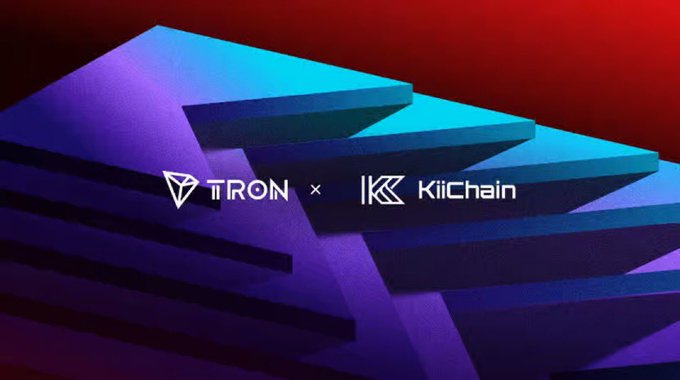 A promotional graphic featuring the text 'TRON x KiiChain' alongside their respective logos, set against a background of a glowing blue and purple 3D 'K' shape on a red backdrop.